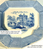1830s - 1840 English Staffordshire Light Blue Transferware 17.5" Platter, Mayer Baronial Halls