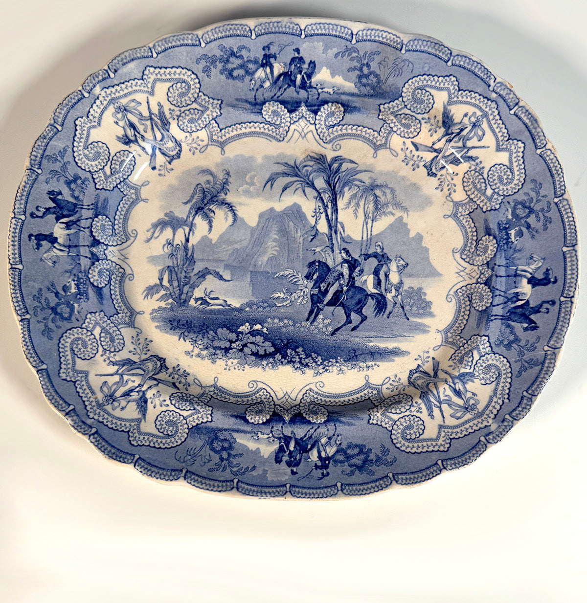 Antique Victorian Blue Transferware Platter, EW&S Chevy Chase, Hunt Theme with Horses, Game