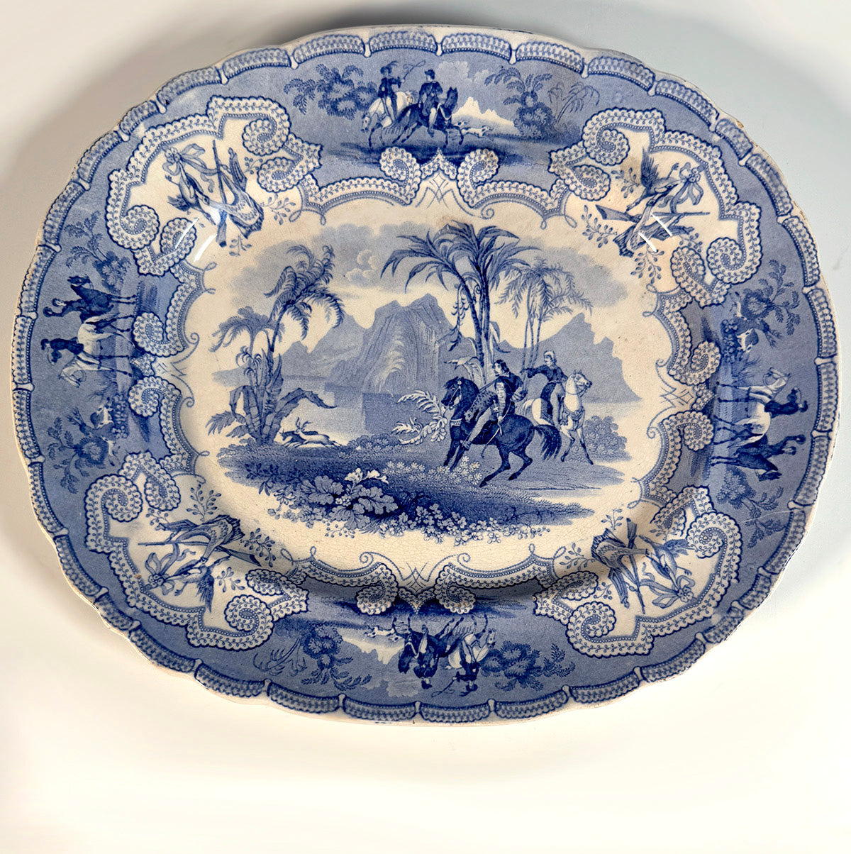 Antique Victorian Blue Transferware Platter, EW&S Chevy Chase, Hunt Theme with Horses, Game