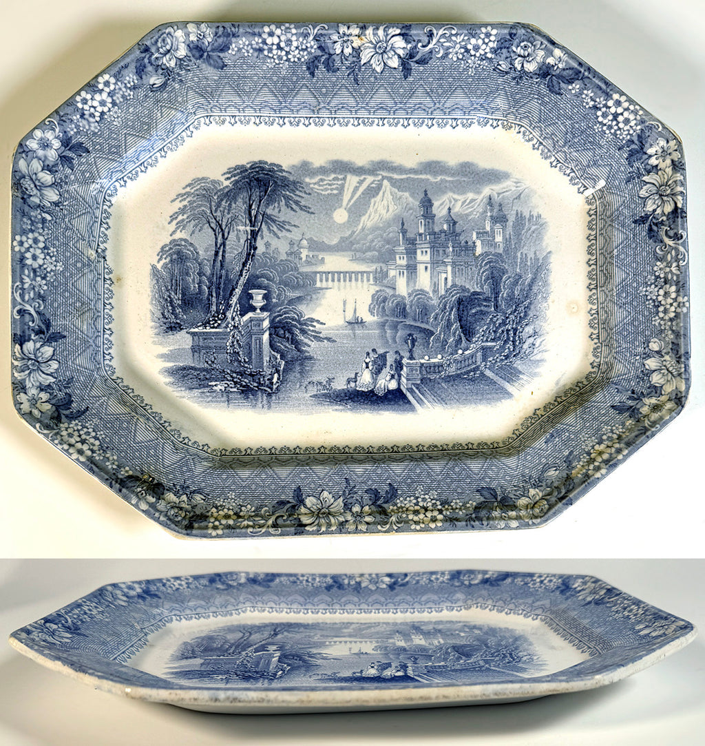 Antique 19th Century Blue Transferware, Staffordshire Pottery Platter, Stone China Tray Chalinor Corinthia