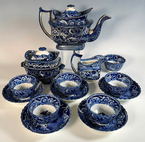 Antique English Staffordshire c.1825 Blue Transferware Teapot 16pc Tea Set, #4068 Looks like Clews, Unsigned