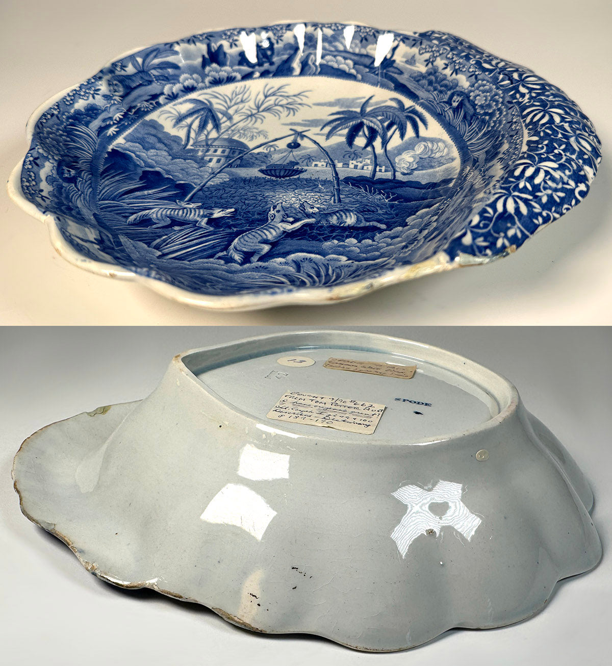 RARE c.1810-20 Spode Pickle Dish, Indian Sporting Series, Staffordshire Blue Transferware Stone China