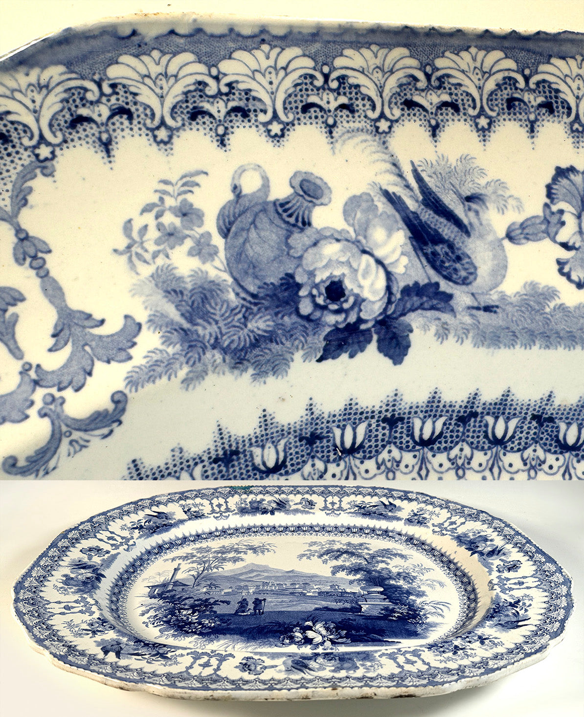 HUGE Antique English Staffordshire Blue Transferware Stoneware China P ...