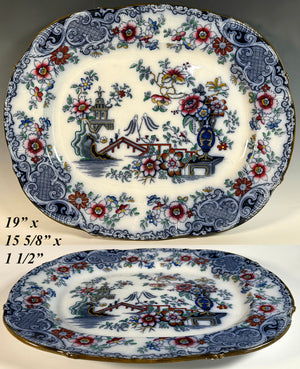 Antique English Staffordshire Pottery, Victorian 19" Flow Blue Imari Platter Ironstone China, Pagoda