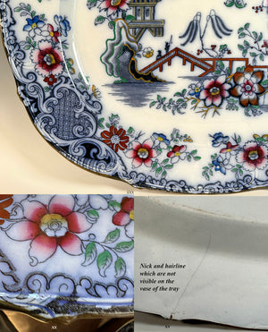 Antique English Staffordshire Pottery, Victorian 19" Flow Blue Imari Platter Ironstone China, Pagoda