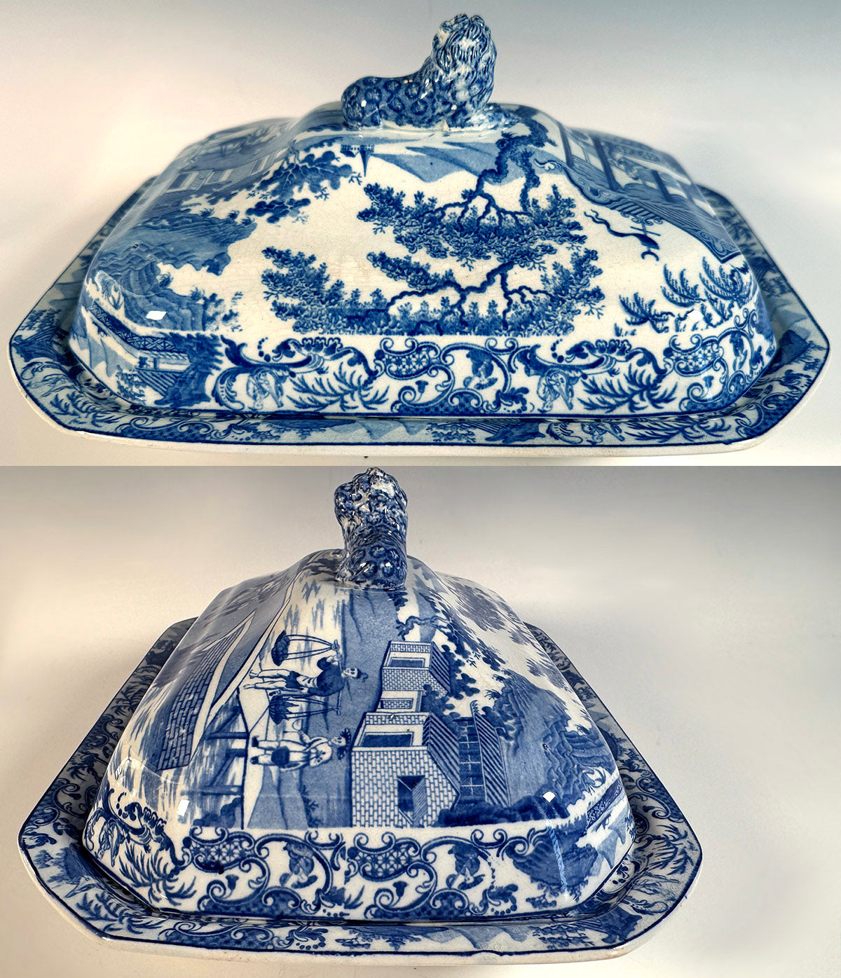 Antique c.1825 C J Mason Staffordshire English Blue Transferware  Ironstone Stone China Pottery Covered Bowl, Vegetable Dish