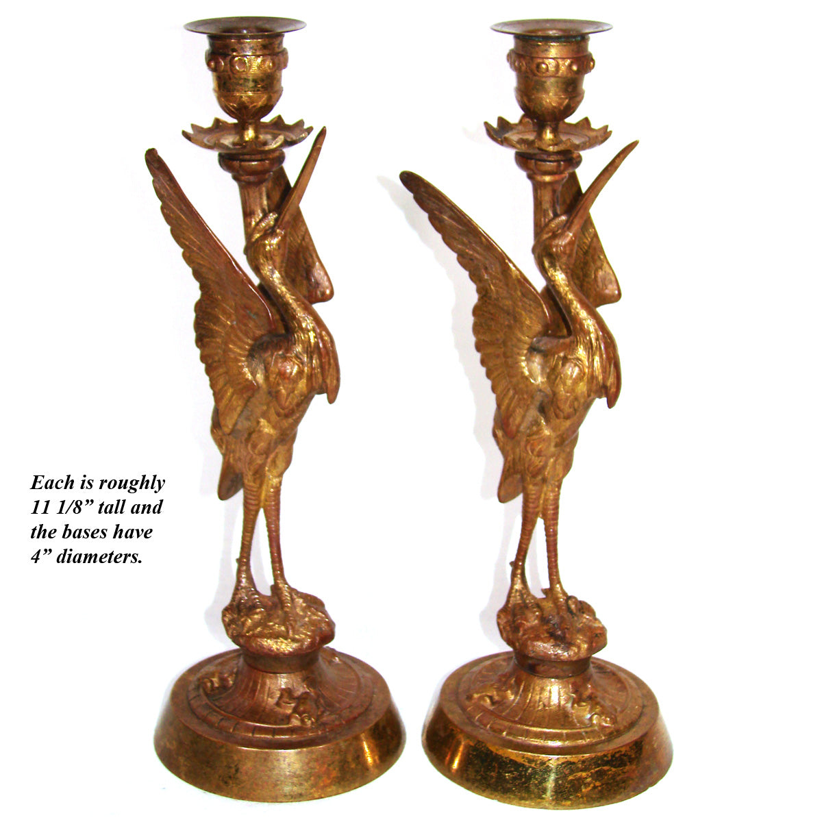 Antique Victorian Era 11" Candlestick or Candle Holder Pair, Crane Figures in Gilt Bronze or Ormolu