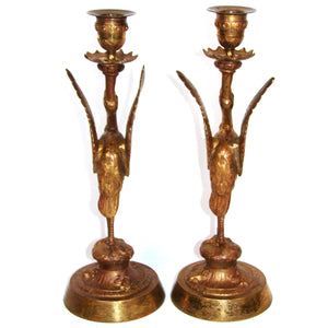 Antique Victorian Era 11" Candlestick or Candle Holder Pair, Crane Figures in Gilt Bronze or Ormolu