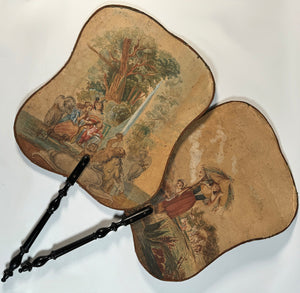 Extra Large Antique Face Screen Fan Pair, Watercolor Art in the Italian and French Manner, Paintings