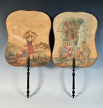 Extra Large Antique Face Screen Fan Pair, Watercolor Art in the Italian and French Manner, Paintings
