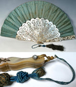 Stunning c.1850s French Hand Fan, Opulent Carved 26.4 cm Mother of Pearl Monture, Silk and Bobbin Lace Leaf