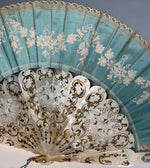 Stunning c.1850s French Hand Fan, Opulent Carved 26.4 cm Mother of Pearl Monture, Silk and Bobbin Lace Leaf