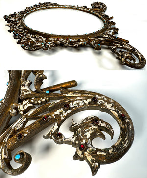 Large 10" Tall Antique French Bronze Easel Frame, Ornate with Enamel and Garnet & Turquoise Gems