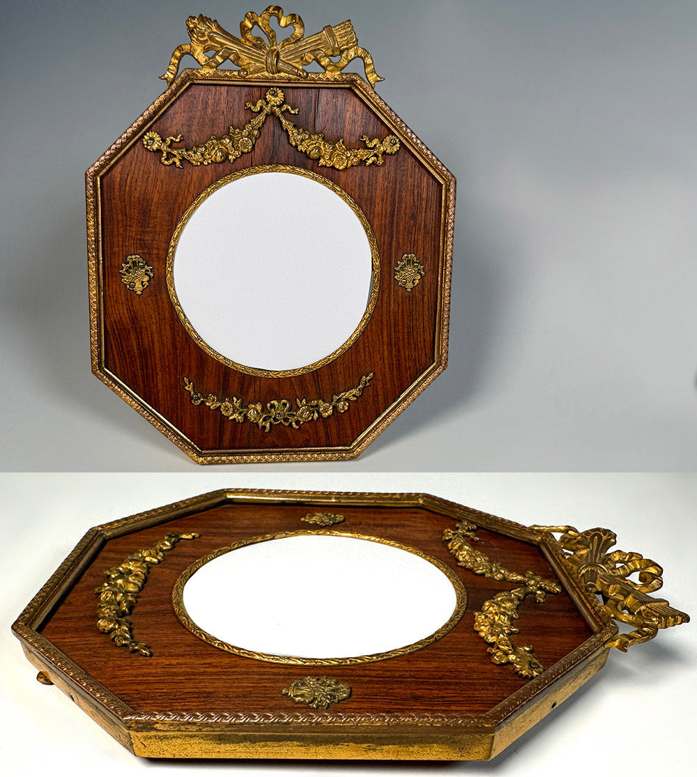 Antique French Empire Frame, Bronze Easel Back and Appliqué Bow & Garland with Wood Mat