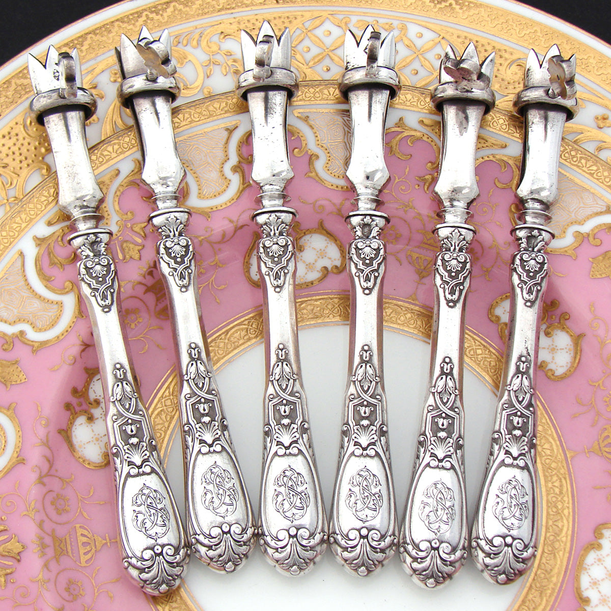 Elegant Antique French Sterling Silver 6pc Chop Gigot or Manche á Cotelettes Set