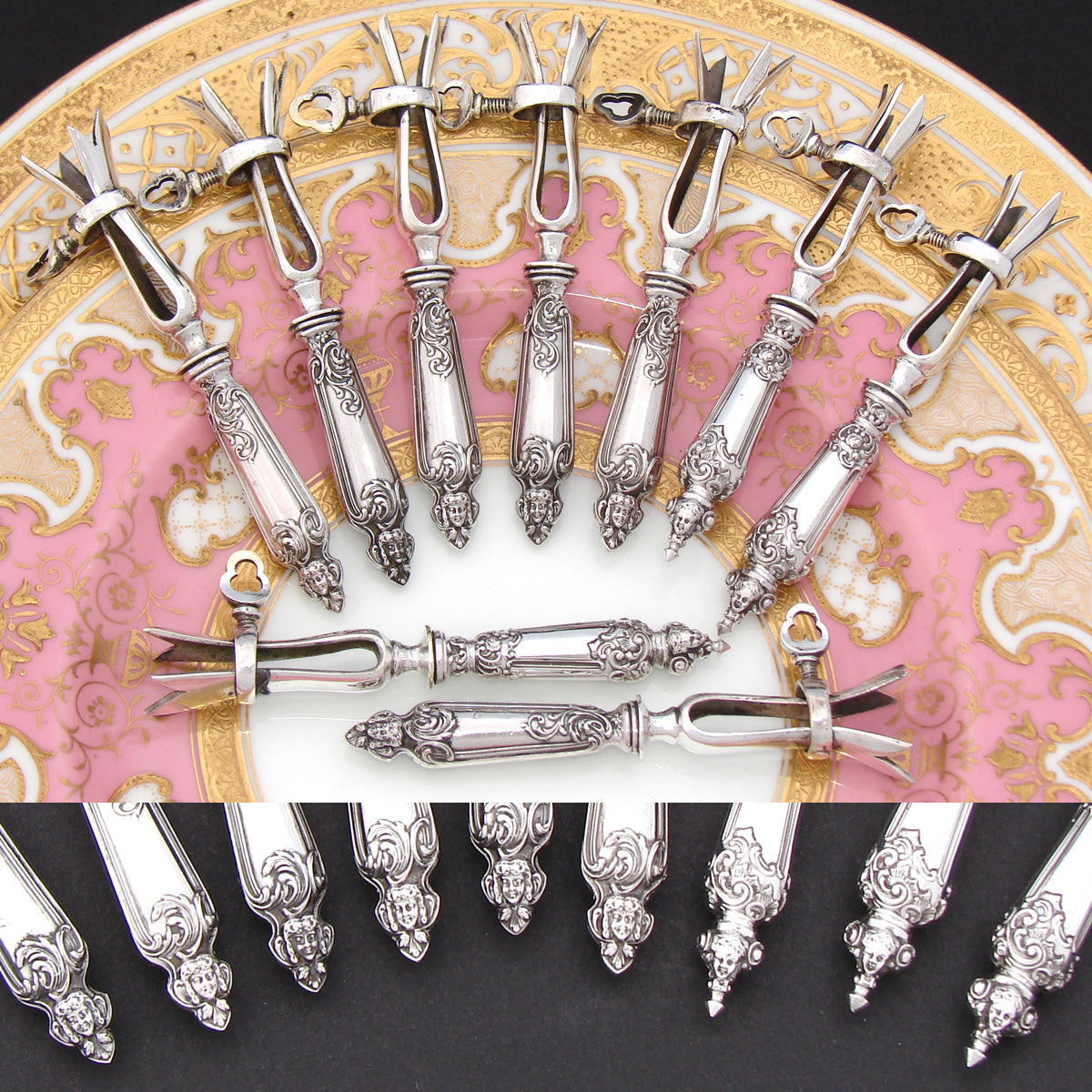 Antique French Sterling Silver 9pc Chop Gigot or "Manche á Cotelettes" Set, Figural Handles