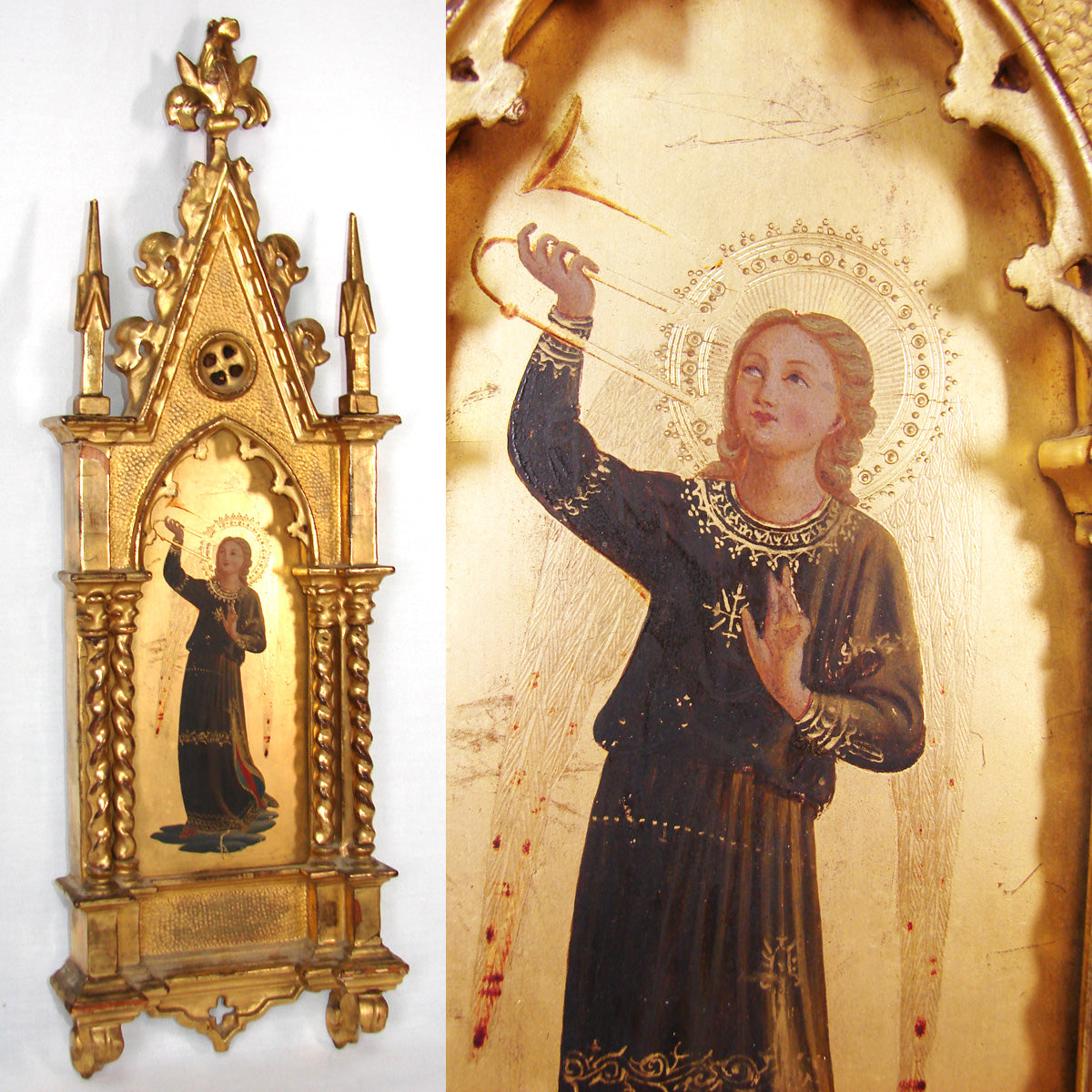 Fab Antique Florentine Gilt Carved 18" Gothic Style Frame with Illuminated Painting of Gabriel on Wood Panel