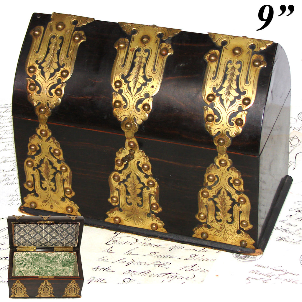 Antique Victorian Era Gothic Style 9.25" Writer's Desk Top Stationery Box, Chest, Bronze Straps