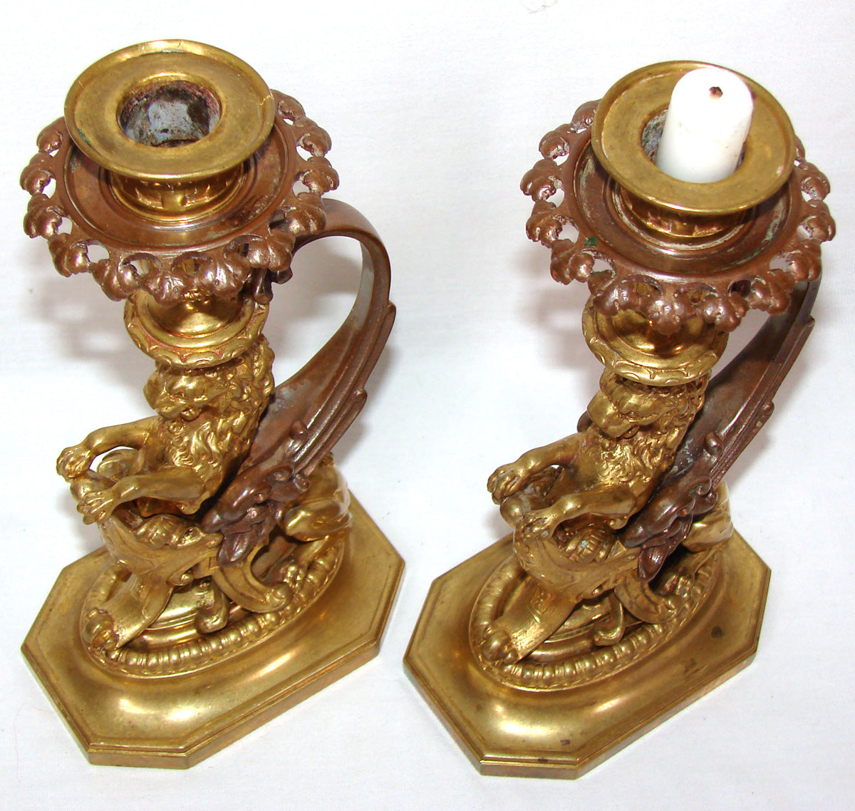 Antique French Victorian Era 9" Heavy Brass or Gilt Bronze Candlestick or Candle Holder Pair, Lions