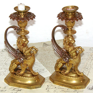 Antique French Victorian Era 9" Heavy Brass or Gilt Bronze Candlestick or Candle Holder Pair, Lions