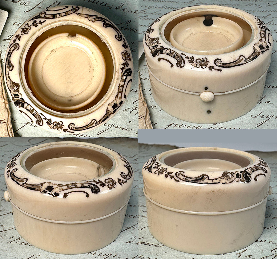 Antique c.1870s French Pocket Watch Box, Display Vitrine in Carved Ivory With Glass Lid, Painted Flowers