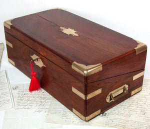 Antique Victorian Era Campaign Style 20" Writer's Box, Lap Desk or Ecritoire in Rosewood & Brass