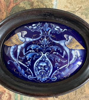 Antique French Limoges Kiln-fired Enamel Convex Plaque in Frame, Neo-Renaissance Griffins