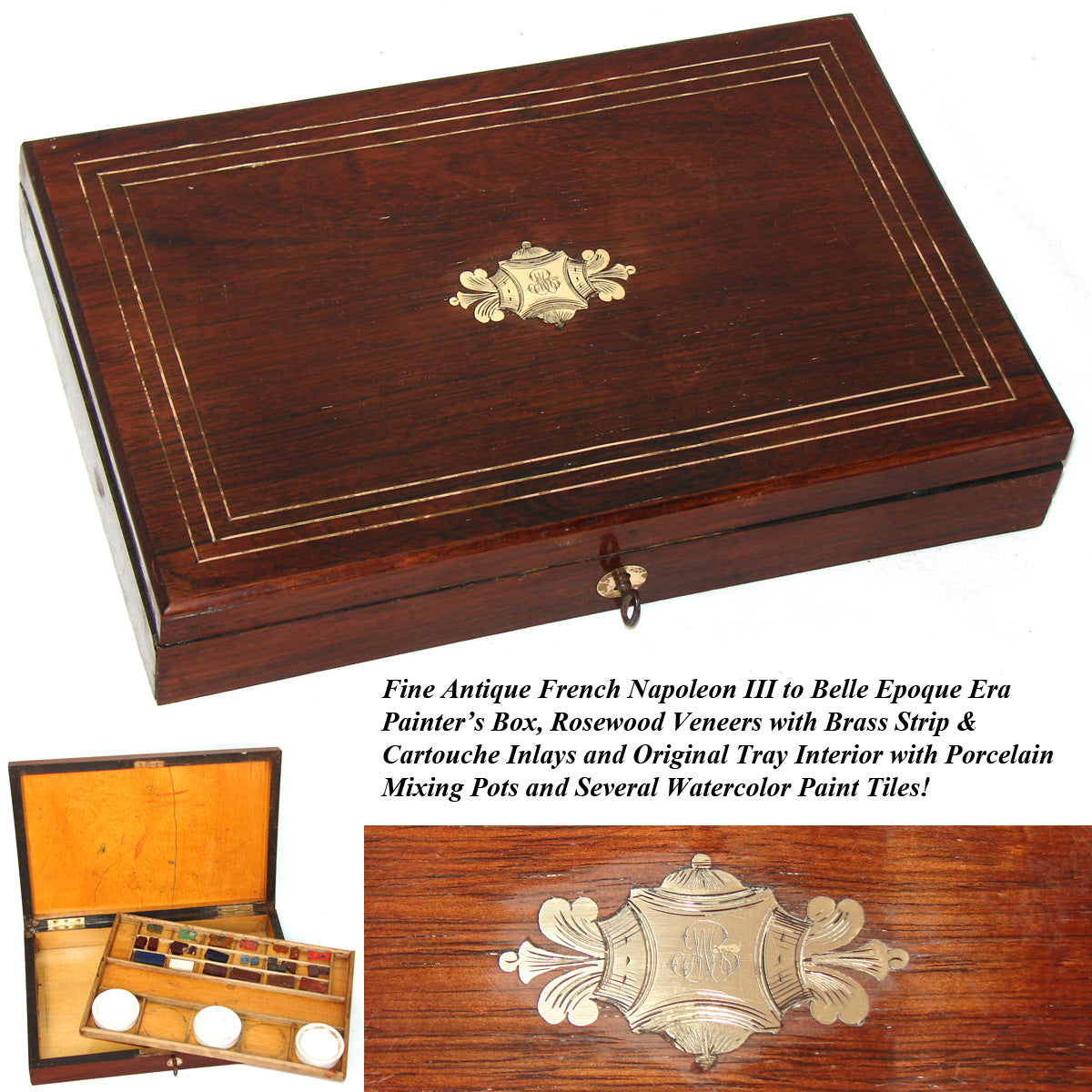 Antique French Watercolor Aquarelle Painting Artist's Box, Elegant Boulle Rosewood Chest
