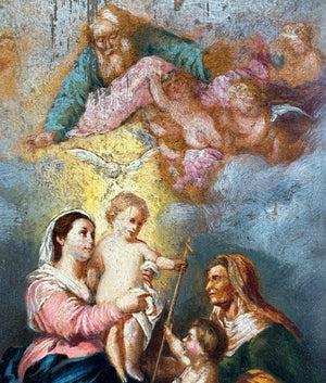 Stunning Antique Miniature Portrait Oil Painting on Board, Madonna with God and Christ, John, Angels