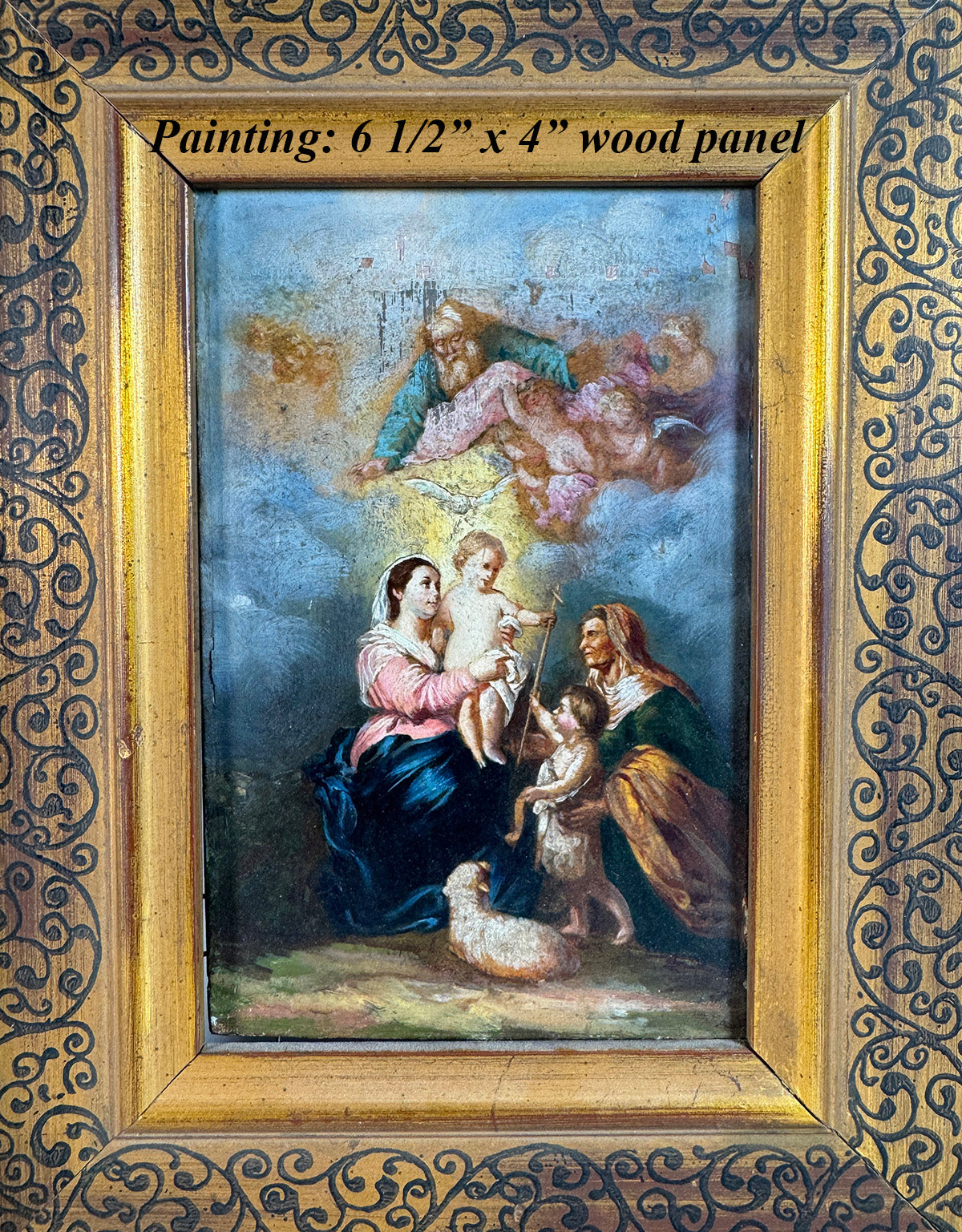 Stunning Antique Miniature Portrait Oil Painting on Board, Madonna with God and Christ, John, Angels