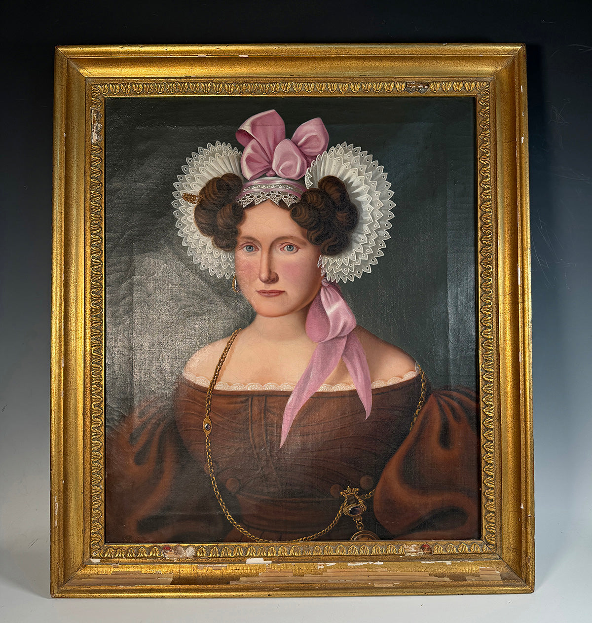 Fine Antique Oil Painting Portrait of a Lady, c.1830 with Lace Hat, Beautiful Jewelry and Gown