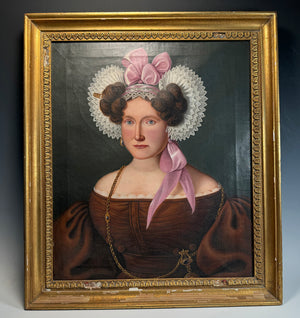 Fine Antique Oil Painting Portrait of a Lady, c.1830 with Lace Hat, Beautiful Jewelry and Gown