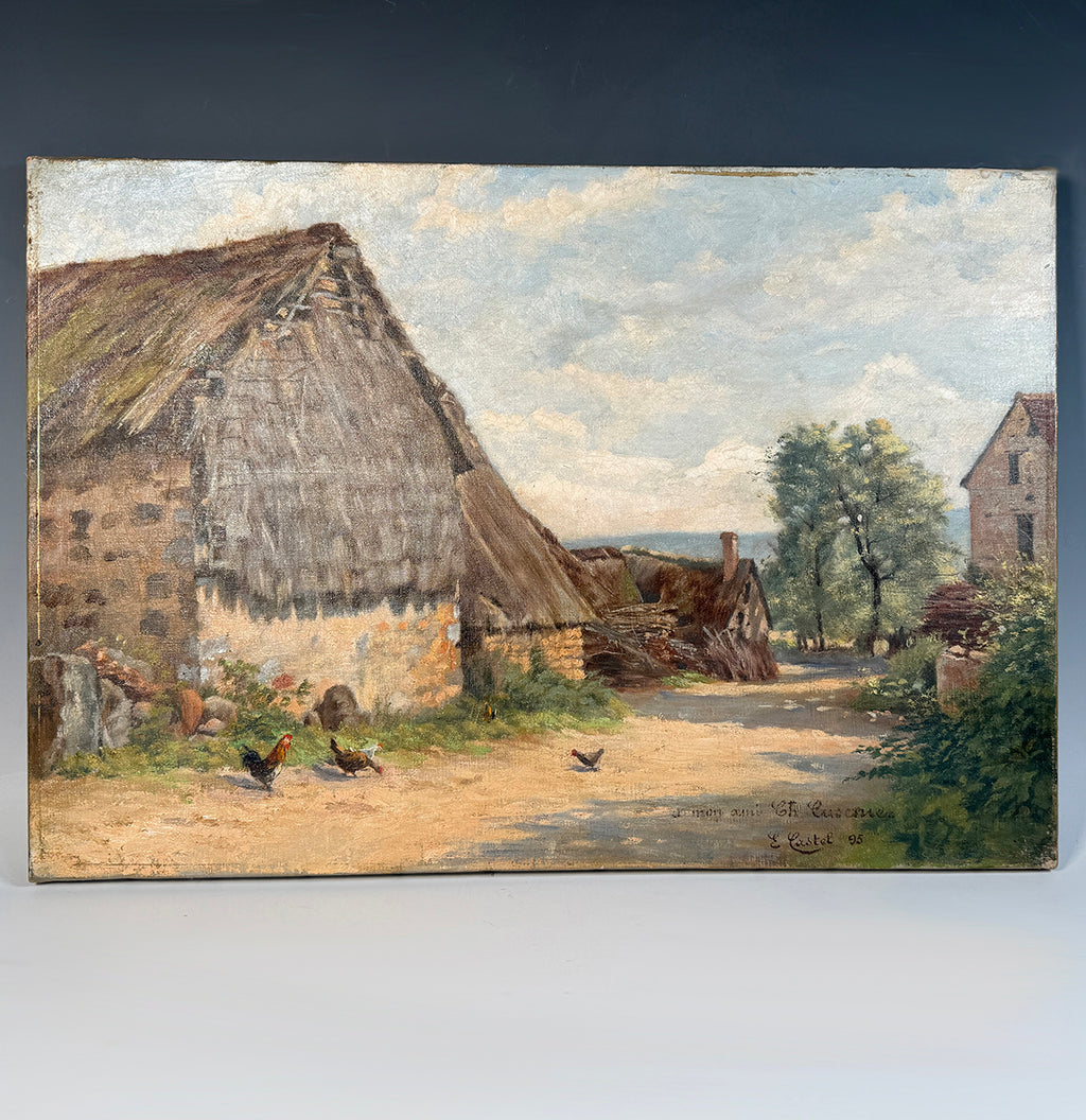 Antique French c.1895 Impressionist Oil Painting on 21.5" Stretched Canvas, Farmyard, Signed by Artist