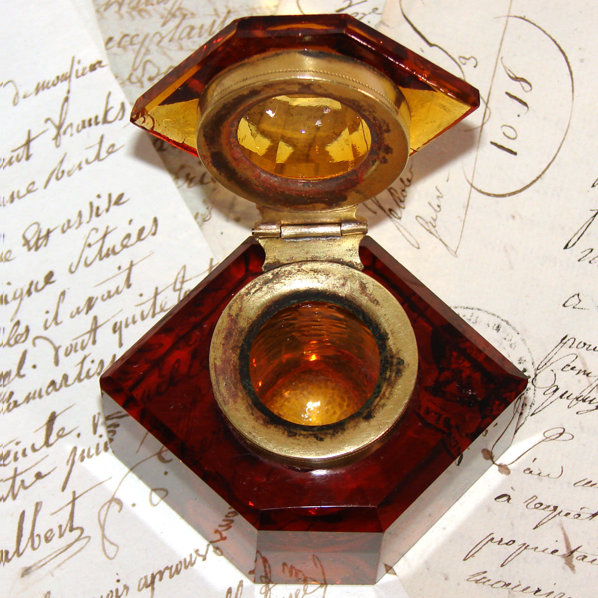 Lg Antique Victorian to Edwardian Era Amber Glass Desk Top Inkwell, Diamond Shape, Wheel Cut