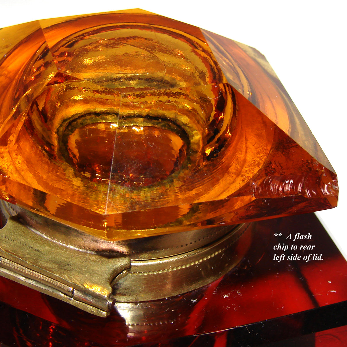 Lg Antique Victorian to Edwardian Era Amber Glass Desk Top Inkwell, Diamond Shape, Wheel Cut