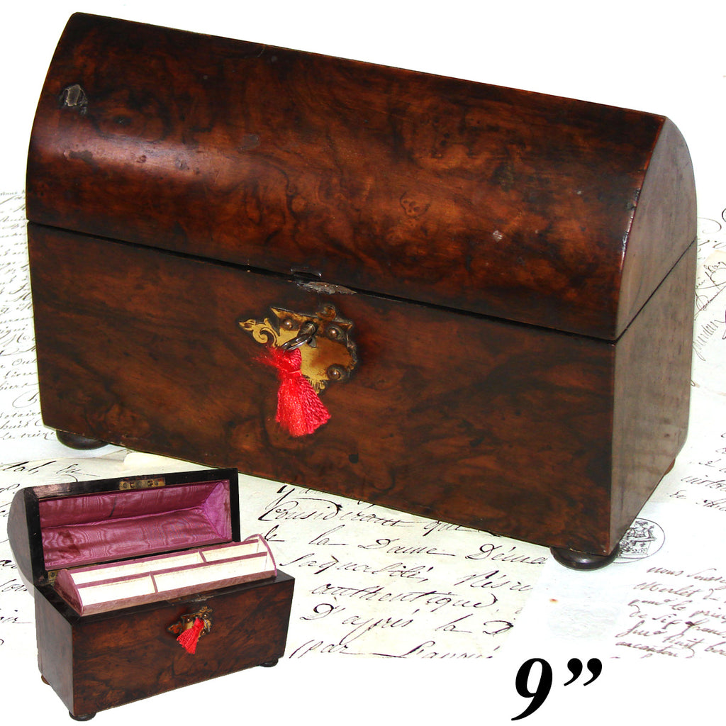 Antique Victorian Era Gothic Style 9" Writer's Desk Top Stationery Box, Chest, Burled Walnut