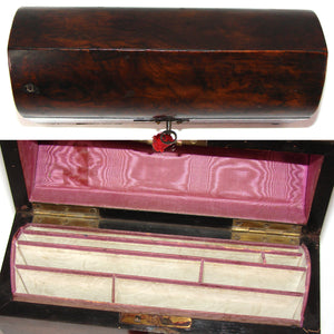 Antique Victorian Era Gothic Style 9" Writer's Desk Top Stationery Box, Chest, Burled Walnut