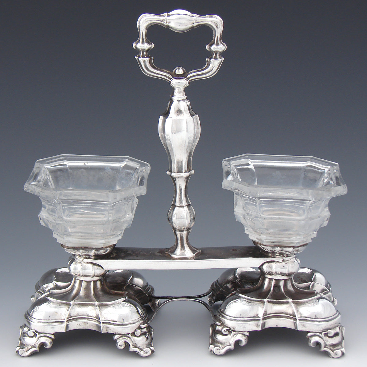 PAIR Antique Napoleon III Era French Sterling Silver Double Open Salt or Sweetmeat Caddies, Stands