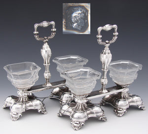 PAIR Antique Napoleon III Era French Sterling Silver Double Open Salt or Sweetmeat Caddies, Stands