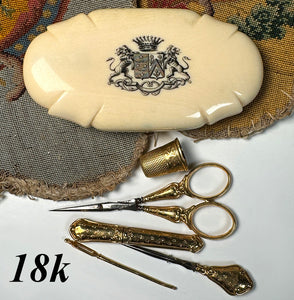 Pristine Antique c.1840s French 18k Sewing Tools in Ivory Etui, Necéssaire with Crown Armorial Crest