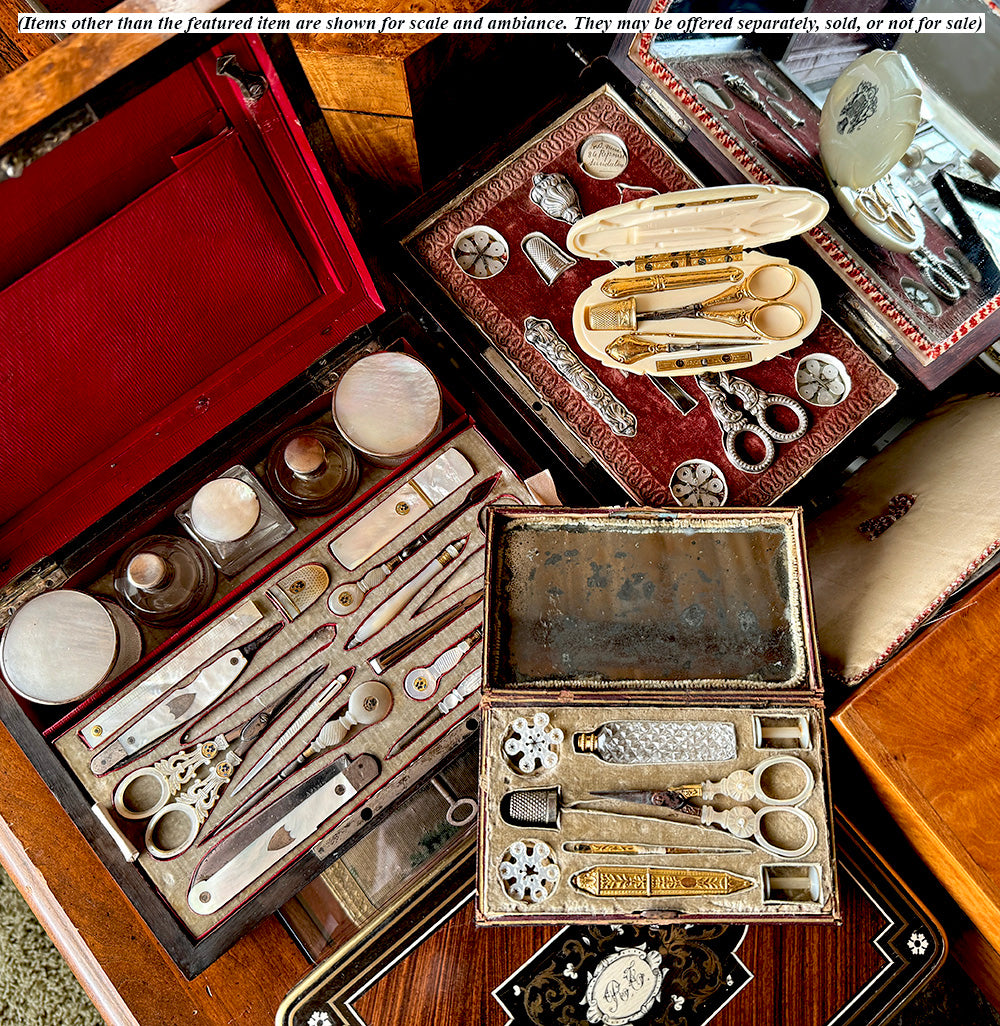 Pristine Antique c.1840s French 18k Sewing Tools in Ivory Etui, Necéssaire with Crown Armorial Crest