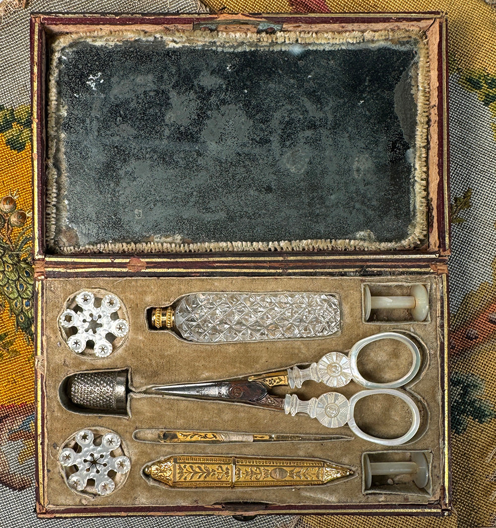Antique French c.1810-30 Palais Royal 18k Gold Sewing and Scent Necessaire, Etui, Mother of Pearl