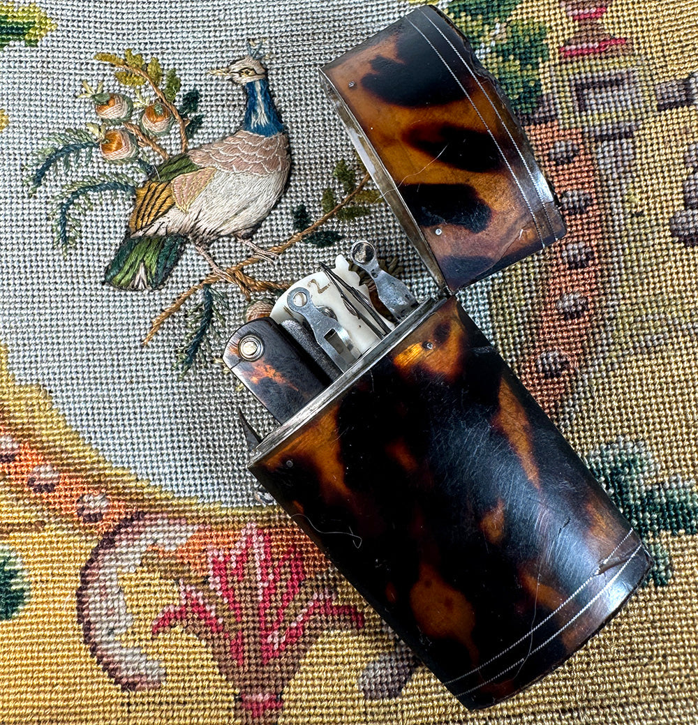 Antique 18th Century French Vest Pocket Necessaire, Etui with Vanity & Writing Tools, Shell & Silver