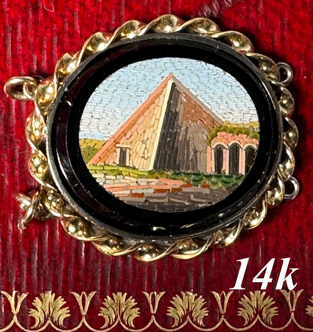 Antique 14k Mounted Victorian Micro Mosaic Plaque, The Pyramid of Caius Cestius, Roman ruins