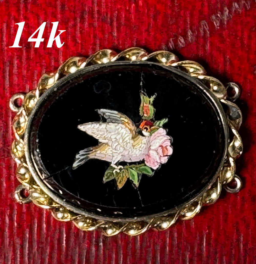 Antique 14k Mounted Victorian Grand Tour Micro Mosaic Plaque, Realistic Dove and Flowers