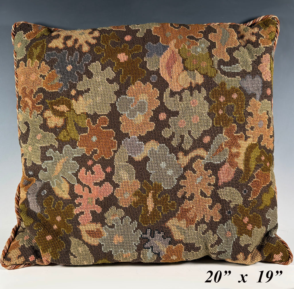 Pillow #1 of 4: Antique Needlepoint Pillow with Foliage, Clean with French Down Pillow Form