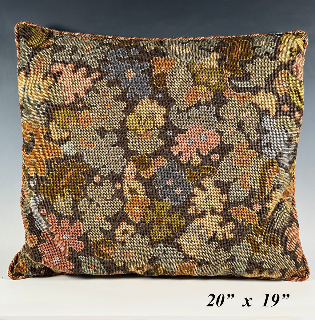 Pillow #3 of 4: Antique Needlepoint Throw Pillow with Foliage, Clean with French Down Pillow Form