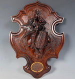 Superb Antique Black Forest Hand Carved Game Plaque Match Holder, Striker w Bird and Basket