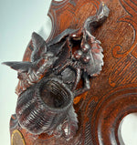 Superb Antique Black Forest Hand Carved Game Plaque Match Holder, Striker w Bird and Basket