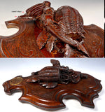 Superb Antique Black Forest Hand Carved Game Plaque Match Holder, Striker w Bird and Basket